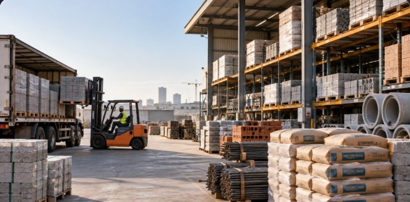Materials yard with a forklift loading a lorry, stacked blocks, steel bars and cement bags
