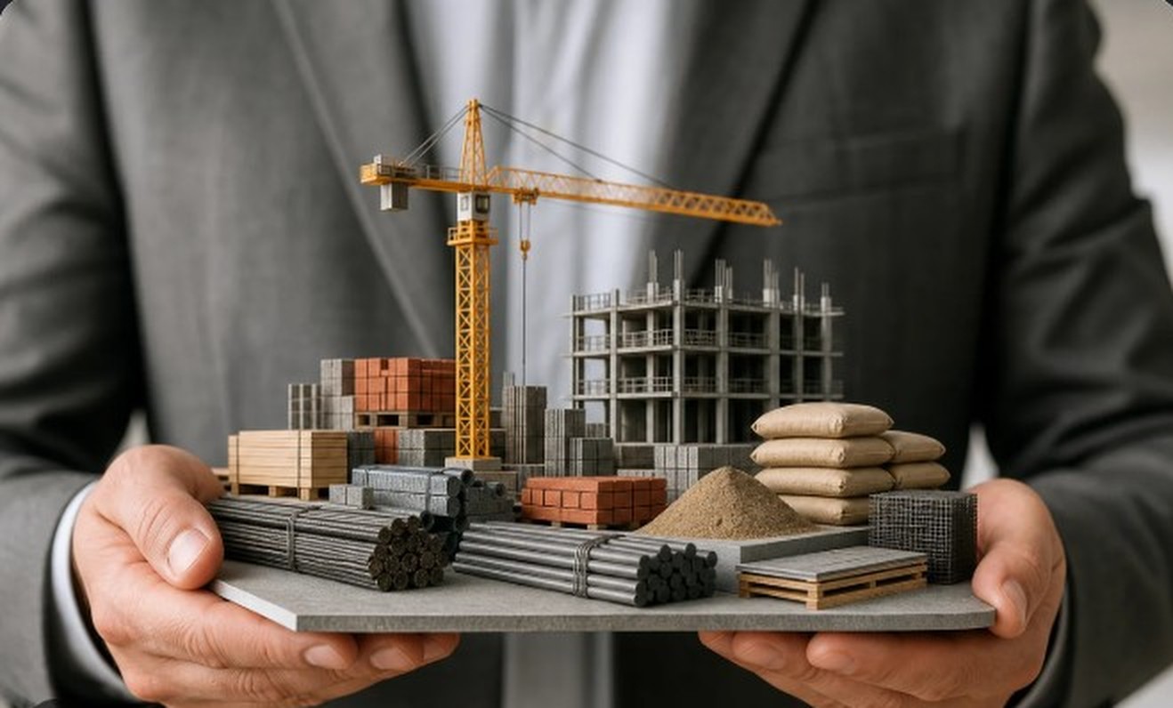 Model of a tower crane and construction materials held in two hands