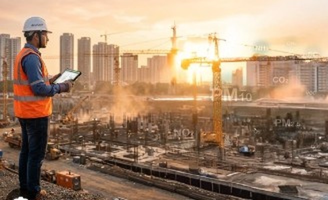 Site engineer with a tablet overlooking a busy construction site at sunset
